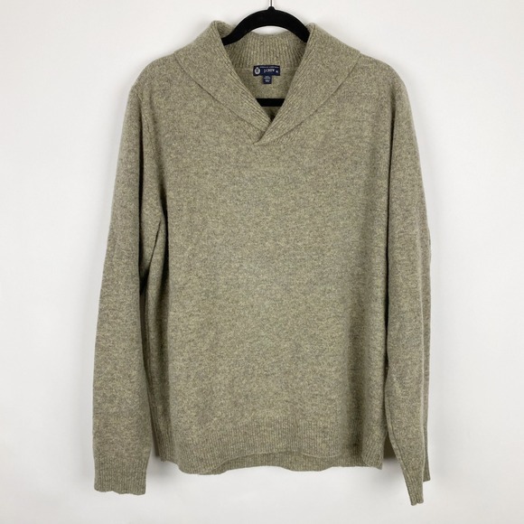 J Crew Premium Lambswool Shawl‎ Collar Sweater Mens XL Khaki Gray Heathered